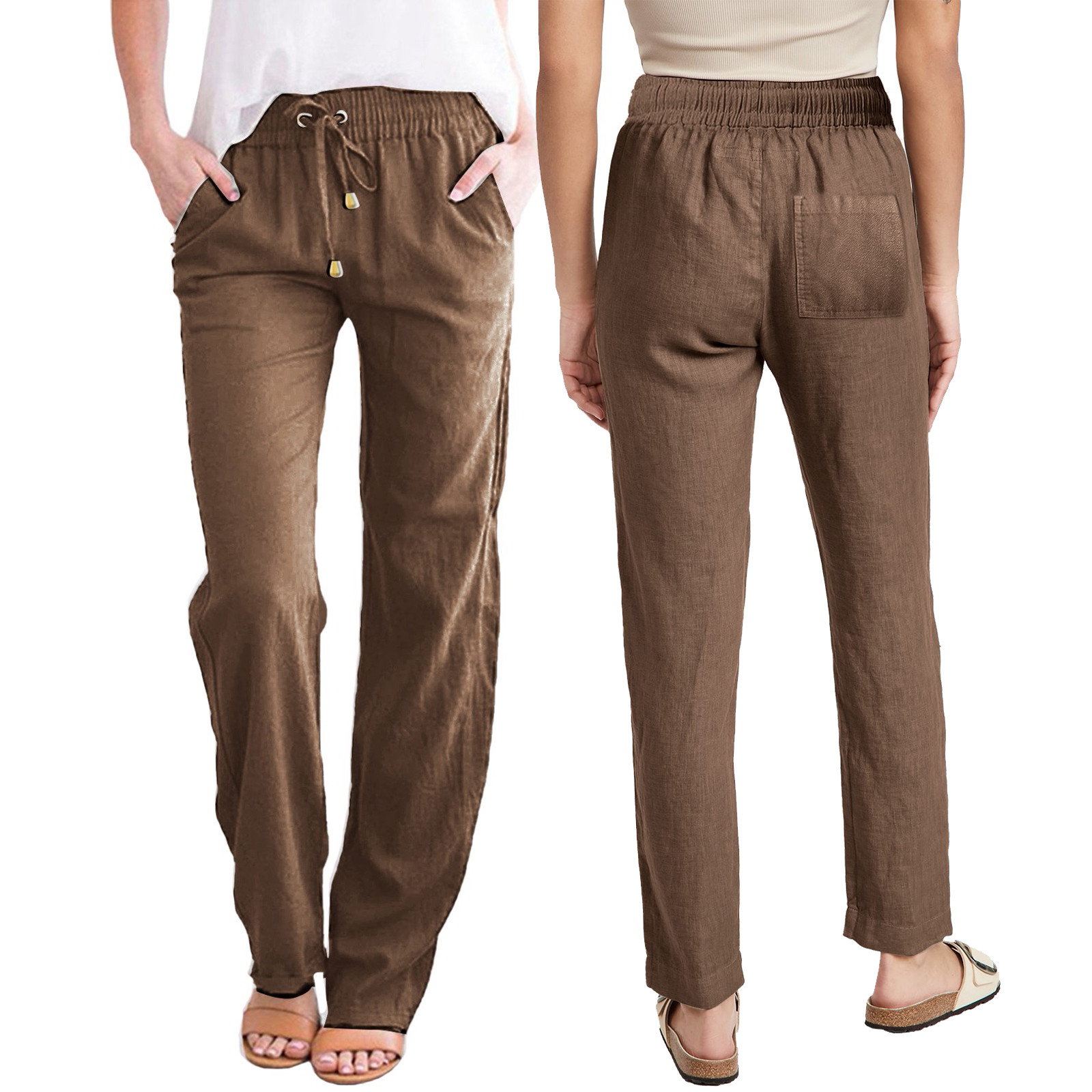 thumbnail image 2 of Pantalones casuales de algodón liso para mujer: con bolsillos, largo, adecuados para la oficina, las vacaciones o las citas, tallas reales, para todas las estaciones, 2 of 7